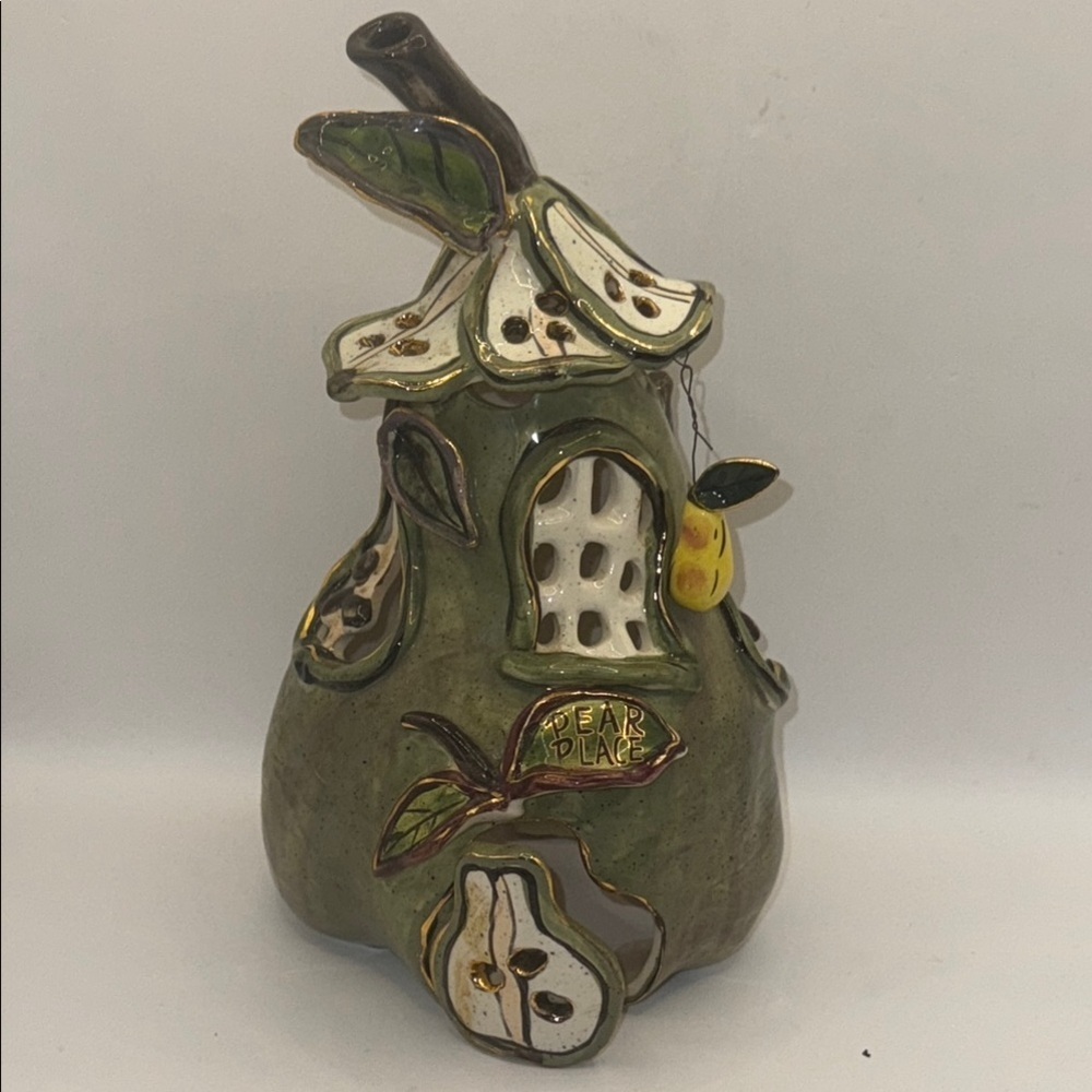 BLUE SKYE clayworks Green Ceramic Pear House tealight cover w/plate Art Decor
